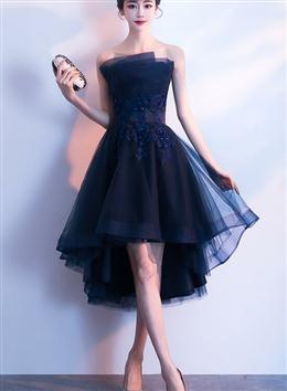 Picture of Charming Navy Blue High Low Party Dresses, Lace Applique  Prom Dresses